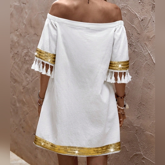Off Shoulder Tassel Trim Dress - Picture 3 of 6